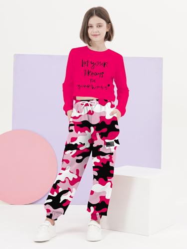 Image of SANGTREE Kids Girls Fashion 2 Piece Clothes Set, Crop Top Cargo Jogger Pants Outfit Hip Hop Dance, Rose red+Camouflage red Camouflage, 6-7Y = Tag 130