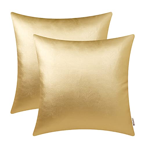Image of BRAWARM Pack of 2 Cozy Throw Pillow Covers Cases for Couch Sofa Bed Solid Faux Leather Soft Luxury Cushion Covers Both Sides Home Decoration 16 X 16 Inches Gold