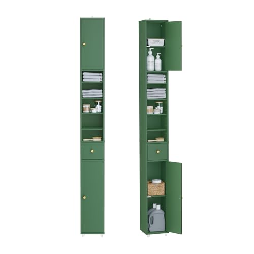 SoBuy Meuble Salle de Bain, Armoire de Rangement Étroite avec Tiroir et Étagères Réglables - Meuble Colonne Salle de Bain Compact pour WC, Petits Espaces - Vert...