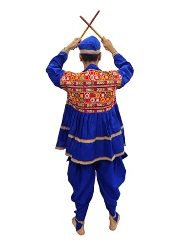 Image of BookMyCostume Blue Gujarati Kedia With A Pair of Dandiya Sticks Combo - Traditional Outfit for Navratri & Festivals | Gujarat Fancy Dress Costume For Kids & Adults 12-13 Years