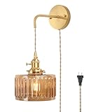 Shenmoyl Vintage Wall Sconce Wall Lamp with Amber Striped Glass Shade Hanging Wall Sconce with 4.9FT Plug in Cord, Modern Wall Lamp Fixtures Decor for Bedside Bedroom Indoor Doorway