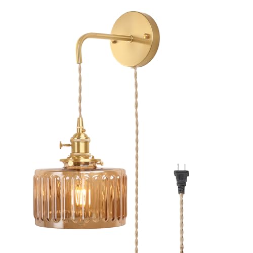 Shenmoyl Vintage Wall Sconce Wall Lamp with Amber Striped Glass Shade Hanging Wall Sconce with 4.9FT Plug in Cord, Modern Wall Lamp Fixtures Decor for Bedside Bedroom Indoor Doorway