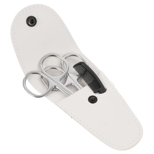 WOFASHPURET 4個髭 鼻毛トリミング用ステンレス製精密はさみ点 小型尖頭 丸頭 ホワイトレザーケース 小型コーム付き メンズビアード マスタッシュケア用