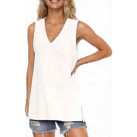 UEU Womens Tank Tops 2025 Summer Trendy Oversized Loose V Neck Sleeveless Cotton Workout Athletic Shirts Side Slit Comfort Tunic Dressy Spring Clothes White XXL Cover