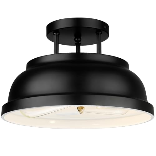 Image of zeyu 12'' Industrial Semi Flush Ceiling Light, 2-Light Flush Mount Ceiling Lamp for Bedroom Dining Room, Metal Dome Shade in Black Finish, ZY29-F BK