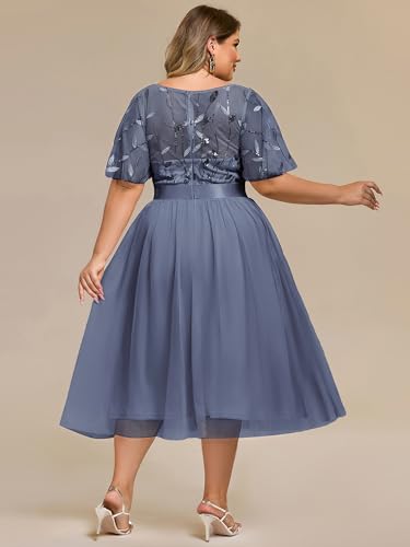 Image of Ever-Pretty Plus Women's Round Neck Embroidery Short Sleeves Sequin Tulle Midi Plus Size Cocktail Wedding Guest Dresses Dusty Blue US22