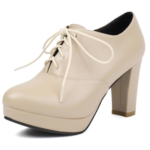 Gicoiz Lace Up Block Heels Women Round Toe Office Oxfords