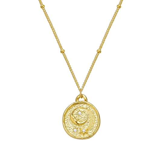 Celestial Coin Necklace - 925 Sterling Silver Moon & Star Coin Pendant with 3 Zircons, 18K Gold Plated Adjustable Chain (40+5cm/15.7