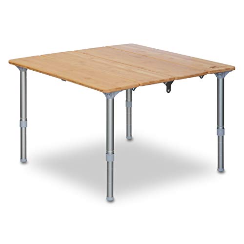 FIELDOOR バンブーテーブル 60cm×60cm 無段階高さ調節 四つ折りコンパクト収納 収納バッグ付 キャンプ アウトドア バーベキュー