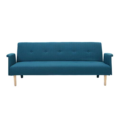 Miliboo Canapé Convertible scandinave 3 Places en Tissu Bleu Canard et Bois Clair Oscar