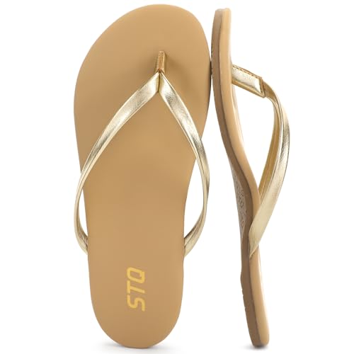 STQ Arch Support Flip Flops for Women Comfortable Flat Leather Orthopedic Thong Sandals Summer Travel Cruise Beach Vocation Essentials 2026 Resort Wear Gold Size 8