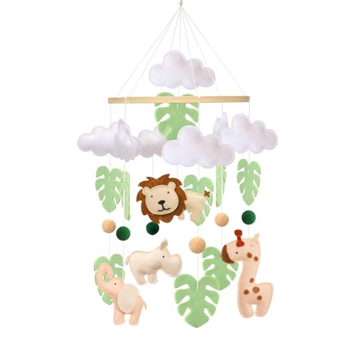 Cloche de lit mobile pour lit de bébé - Mobile Jungle Animal avec lion, éléphant, girafe et hippopotame - Jouet apaisant pour chambre de bébé - Cadeau...