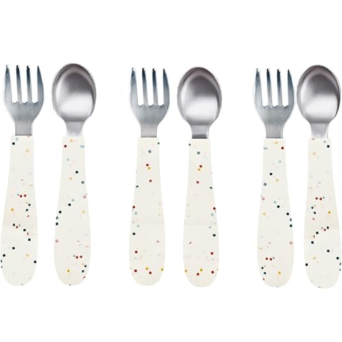 Image of WeeSprout Toddler Utensils, 3 Forks & 3 Spoons, 18 /8 Stainless Steel & Food Grade Silicone, Thick Easy-Grip Handles, Perfect Length For New Self Feeders, Gentle On Gums & Teeth, Dishwasher Safe