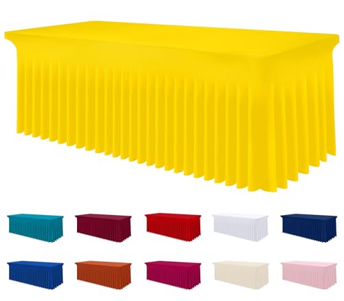 Image of Smiry Spandex Elastic Fitted Table Cloth Skirt for 6FT Rectangle Table | Stretch Washable Table Cloth, Banquet Table Cover for Wedding, Party, Indoor & Trade Shows, (Yellow, 72Lx30Wx30H)