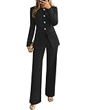 ZESICA Women's 2026 Spring Two Piece Suits Set Casual Business Long Sleeve Blazer Jacket Wide Leg Pants Work Outfits Sets,Black,Medium