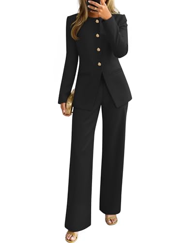ZESICA Women's 2026 Spring Two Piece Suits Set Casual Business Long Sleeve Blazer Jacket Wide Leg Pants Work Outfits Sets,Black,Large