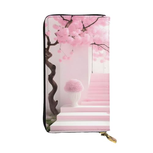 Pink Cherry Blossom Staircase Prints Leather Long Clutch Wallet for Fashionable Girls and Women - Durable, Stylish, and Functional, Black, One Size