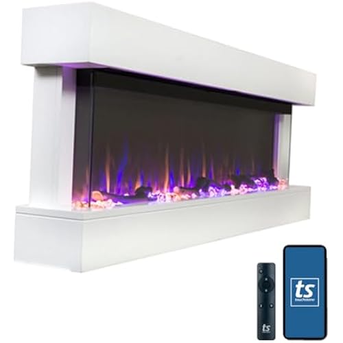Touchstone Chesmont Smart Electric Fireplace- Wall Hanging Fireplace with 50" Wide White Floating Mantle- Alexa/WiFi Enabled-10 Color-1,500W Heater- Crystals & Driftwood-Model 80033