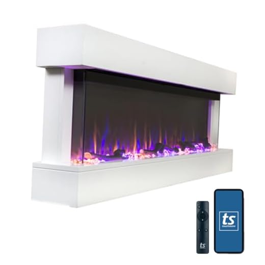 Touchstone Chesmont Smart Electric Fireplace- Wall Hanging Fireplace with 50-inch Wide White Mantle- Alexa®/WiFi Enabled-10 Color-1500/750 Watt Heater with Thermostat- Crystals & Driftwood-Model 80033