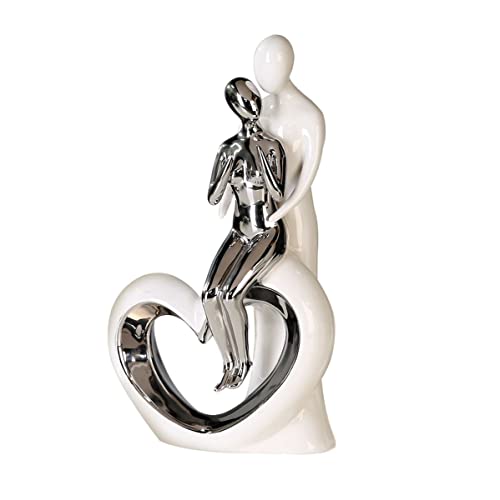 Brillibrum Scultura decorativa di design, coppia di innamorati in ceramica, con cuore, bianco, regalo di matrimonio, coppia di sposi, statuetta in porcellana argentata (variante 9: 32,5 x 18 x 7,5 cm)