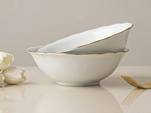 Image of Bodhi House 2-Piece Gold Rim Porcelain Serving Bowl Set | Lightweight, Chip Resistant, | Dishwasher Safe | Elegant Tableware for Home Dining, Parties, Serving & Gifting Use | White