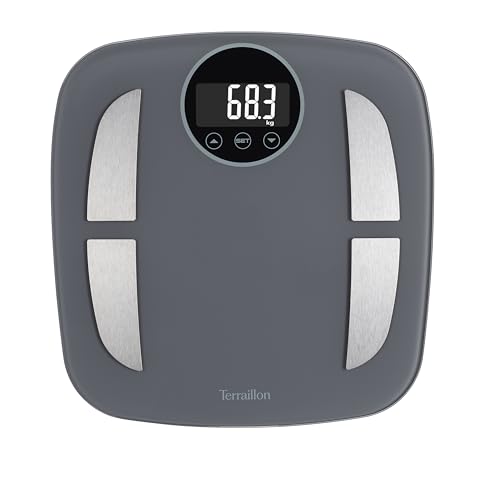 TERRAILLON - POWER FIT- Pèse personne électronique, Impédancemètre, Analyse des masses graisseuse, musculaire, hydrique, osseuse IMC, Gran écran rétro-éclairé, Capacité 160 kg, Plateau verre, Gris