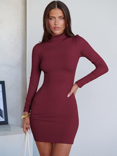 Image of ANRABESS Women Long Sleeve Mock Neck Bodycon Mini Dress 2026 Fall Ribbed Slim Fit Pencil Cocktail Club Night Dresses