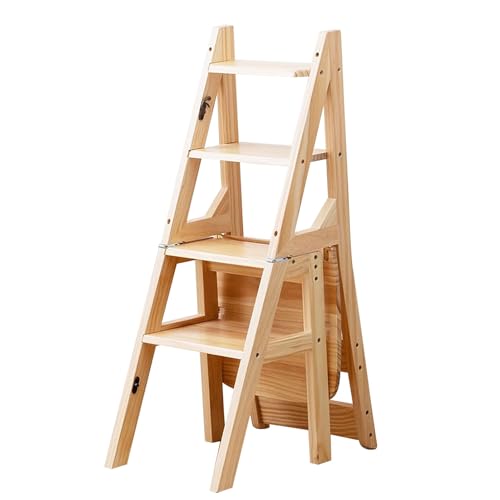 LVSEWOA Escalera Plegable de Madera Maciza para Biblioteca de Cocina | Escaleras de Tijera Convertibles, Taburete Plegable de 4 peldaños, Escalera de Tijera de Doble Uso, Expositor de 4 peldaños.