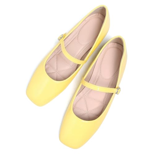 Hee grand Patent Leather Mary Jane Flats for Women Dressy Comfortable Square Toe Ankle Strap Ballet Flats Lightweight