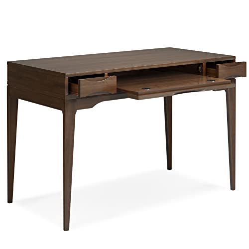 Image of SIMPLIHOME Harper Small Desk - 48 Inch Wide Solid Hardwood Writing Desk in Walnut Brown, Mid-Century Modern Home Office Computer Table for Study with 2 Drawers and Flip-Down Keyboard Tray