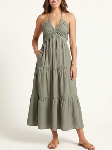 Image of Women's Casual Halter Tiered Vacation Maxi Dress with Pockets