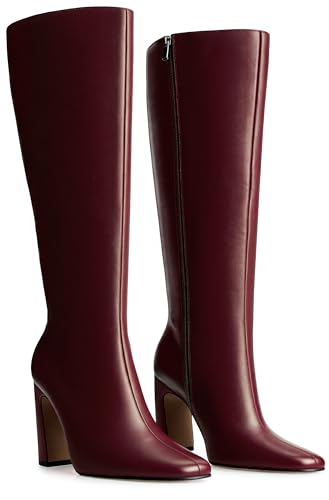 DREAMCIA Knee High Boots Women Square Toe Chunky Heel Wide Calf Tall Boots with Side Zipper Leather High Heel for Women