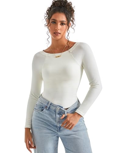 SUUKSESS Women Fall Modal Ribbed Top Boat Neck Long Sleeve Shirts Basic Going Out T Shirts