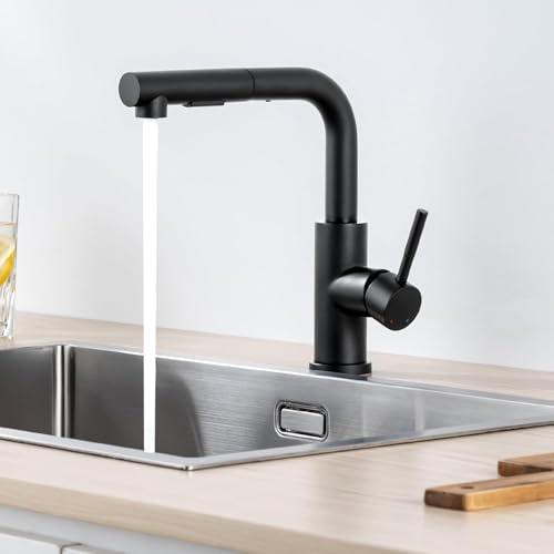 Lonheo Niederdruck Wasserhahn Küche Armatur Schwarz, Niederdruck Küchenarmatur mit Brause Mischbatterie Küche Ausziehbar Spültischarmatur für Boiler oder Untertischgeräte