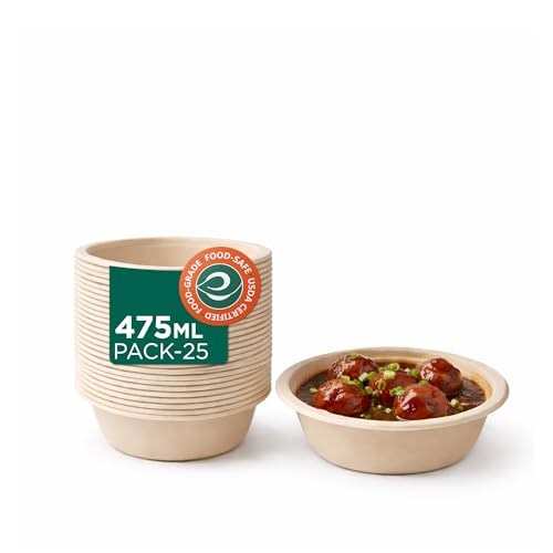 Image of ECO SOUL | Round Bagasse Bowl | 475 ml - Pack of 25 | Eco-Friendly Disposable Bowls Big Size | Sugarcane Bagasse | Non-Toxin & Leak-Proof | Good for Soups, Curries, & Rice Bowls | Beige