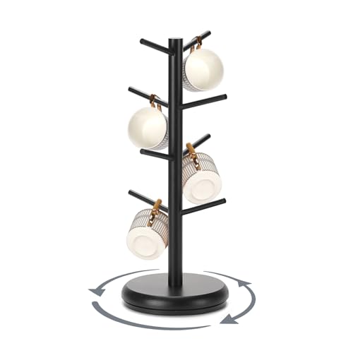 Bambang Bamboo Coffee Mug Tree - Rotating Counter Top Mug Holder with 8 Hooks, Black