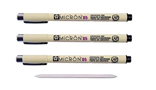 PIGMA MICRON - Fineliner, 3 pezzi Sakura pennarellini a punta fine, a base di pigmenti, 05. colore: nero E 1 ESTOMPE EMI CRAFT