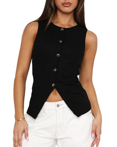 UAURORAO Womens Dressy Suit Vests Outerwear Split Hem Blazer Waistcoat Button Down Slim Fit Sleeveless Work Office Coat