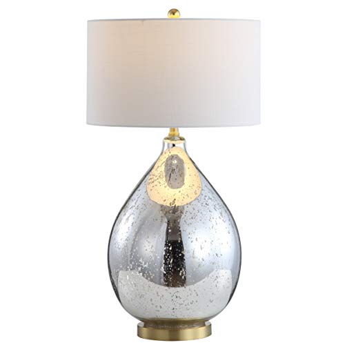 JONATHAN Y 30.75" Mercury Silver Glass Teardrop Table Lamp, Glam Transitional Bedside Lamp for Living Room, White Linen Drum Shade, Brass Gold Accents, LED Bulb Included JYL1066A by JONATHAN Y - Used condition - US$57.91