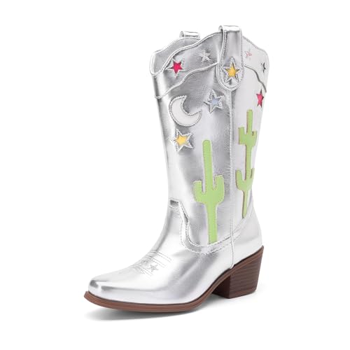 DREAM PAIRS Girls Cowboy Boots Cowgirl Mid Calf Western Boots with Low Heel Square Toe for Little Kid/Big Kid 11 Little Kid Silver
