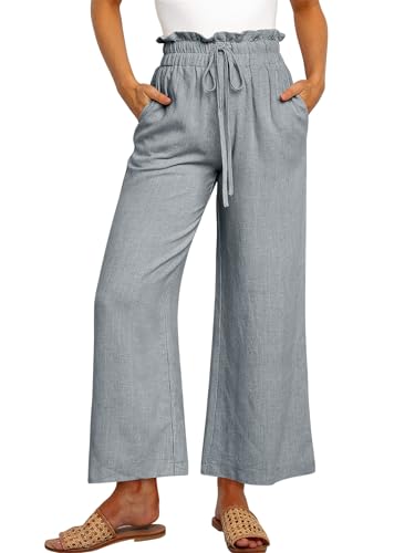 Women's Casual High Waisted Wide Leg Drawstring Cropped Cotton Linen