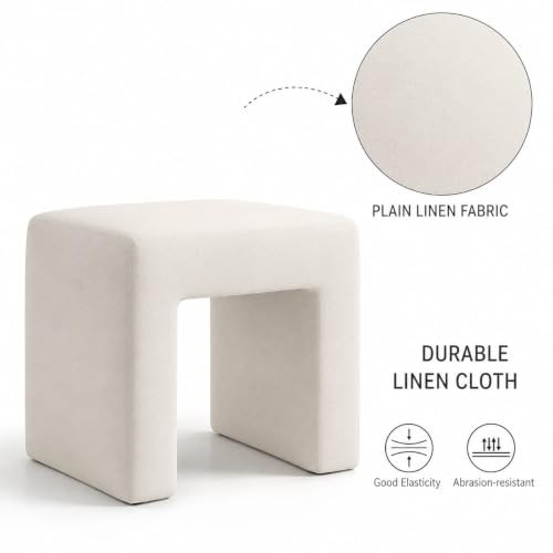 Image of Kundi Modern Boucle Vanity Stool Chair with Wooden Legs - Soft Ottoman Footstool for Makeup Room, Living Room, Entryway & Office (White) (White)