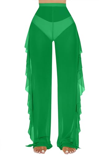 Image of Jumppmile Women's Ruffle Sheer Mesh Swimwear Bikini Cover Up Pants See Through