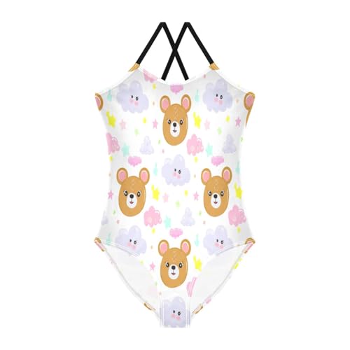Cute Cartoon Bears Clouds White One Piece Girls Swimsuit with Adjustable Shoulder Strap, Beach Swimsuit, 3-10