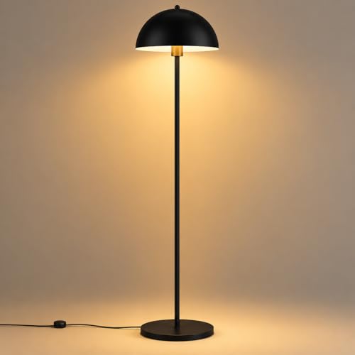 Image of Modern Floor Lamp for Living Room | Matte Black Standing Lamp with Dome Metal Shade | Minimalist Ambient Corner Light for Bedroom, Reading & Home Decor