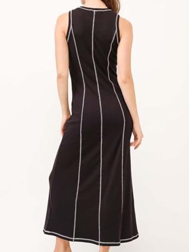 Image of Women's 2025 Summer Sundress Elegant Casual Crew Neck Sleeveless Knit Striped Bodycon Maxi Dress