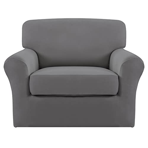 Image of Easy-Going 2 Pieces Stretch Sofa Slipcover for Armchair Washable | Spandex Soft Fitted Sofa Couch Cover for Living Room Washable Furniture Protector with Bottom Kids Pet Light Gray
