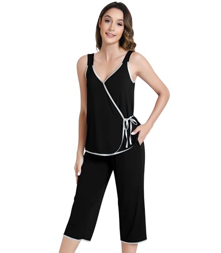 Image of NACHILA Pajamas Set for Women-Viscose Made from Bamboo, Sleeveless Pjs Cool V Neck Sleepwear Soft Capri Pants Pajama Sets