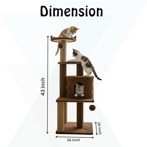 Image of Soft Fur Activity Scratching Post /Cat Tree for Kittens & Cats - Natural Sisal Rope Triple Platform Tower (Height 43 Inch) (Brown -3FLOOR)