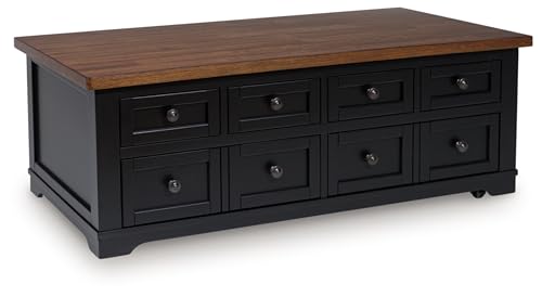 Signature Design by Ashley Wildenauer Farmhouse 2-Drawer Lift-Top Coffee Table with 2 Storage Bins Under Top and Casters, Light Brown & Black